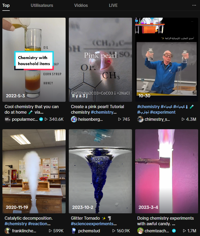 Capture d'écran de Tik Tok présentant des "recettes" de chimie